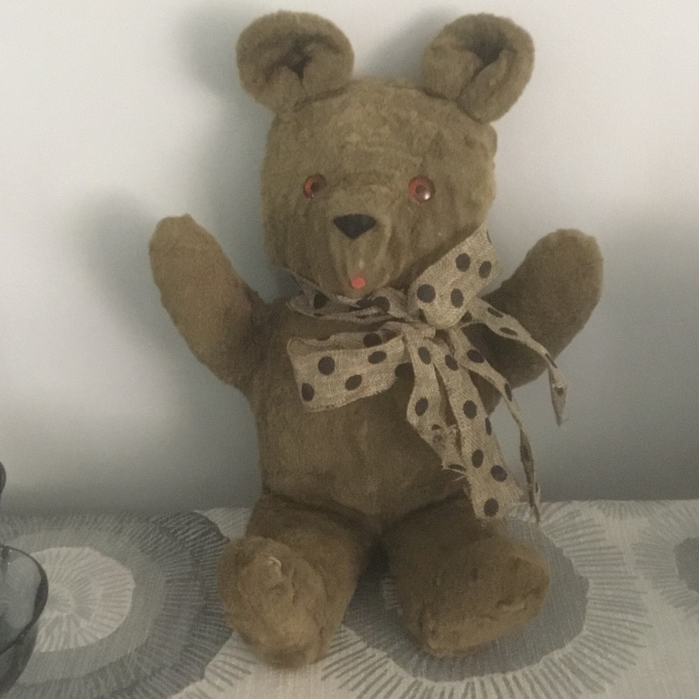 Plush Brown Vintage Teddy Bear 19” with Polka Dot Bow - Collectors item Ka-Klar